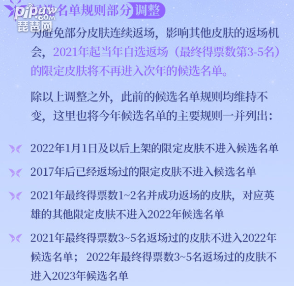 王者荣耀7周年返场皮肤投票名单有什么?2022周年庆限定皮肤有哪些?具体的内容的话也是全部的给大家整理出来了，需要的小伙伴们都是可以直接的获取到的，下面我们就一起来看看详细的内容吧，毕竟合适的限定皮肤名单也是非常的重要的。