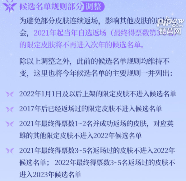 不知不觉中，王者荣耀七周年的活动庆典越来越近了，皮肤返场的投票，一直作为王者荣耀周年庆的活动特色之一，但是还有部分玩家还不知道，王者荣耀七周年返场投票规则是什么?琵琶小编就带大家去了解下，一起看看吧!