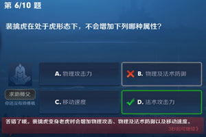 王者荣耀裴擒虎在处于虎形态下，不会增加下列哪种属性 夫子的进阶试炼答案